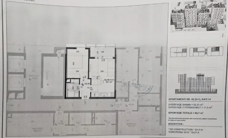 Tirane, shitet apartament 1+1 Kati 14, 64 m² 
