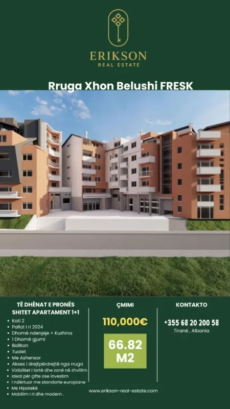 Tirane, shitet apartament 1+1+Ballkon Kati 2, 67 m² 110.000 € (Rruga Xhon Belushi )