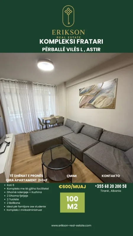 Tirane, jepet me qera apartament 2+1+Ballkon Kati 6, 100 m² 600 € (Kompleksi Fratari , astir)