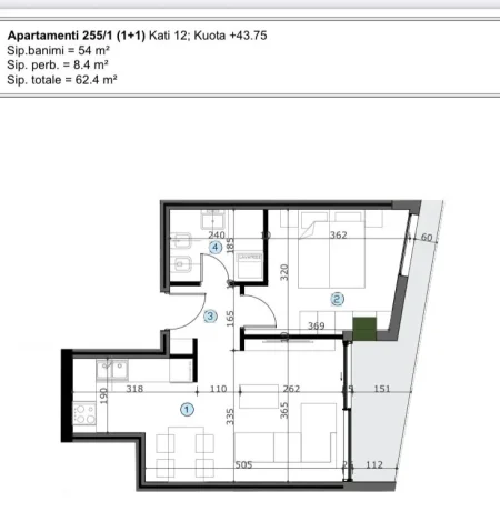 Tirane, shitet apartament 1+1 Kati 12, 62 m² 