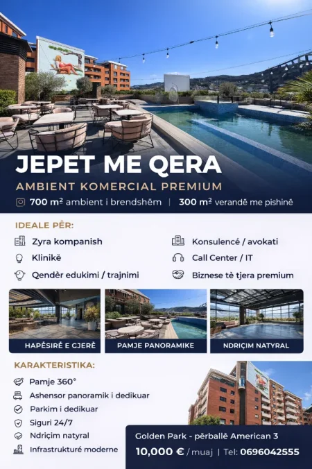 Tirane, jepet me qera ambjent biznesi Kati 8, 1.000 m² 10.000 € (Bedri Karapici,perball me Amerikan 3,pallatet Golden Park)