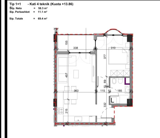Tirane, shitet apartament 1+1 Kati 4, 70 m² (Aluna Residence)