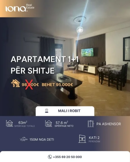 Mali Robit, shitet apartament 1+1 Kati 2, 63 m² 95.000 €