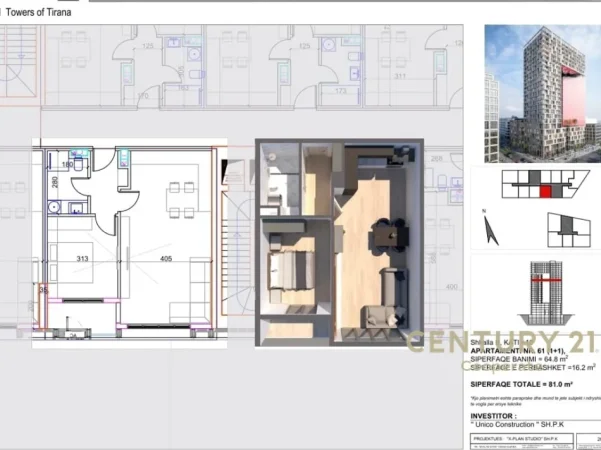 Tirane, shes apartament 1+1+Aneks+Ballkon Kati 16, 81 m² (UNITED TOWERS OF TIRANA)