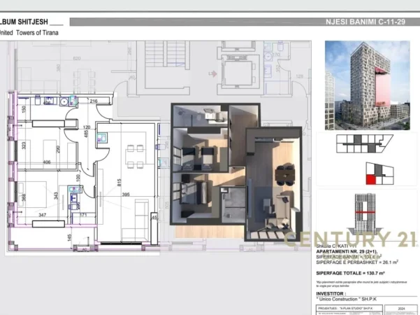 Tirane, shes apartament 3+1+Aneks+Ballkon Kati 19, 146 m² (UNITED TOWERS OF TIRANA)