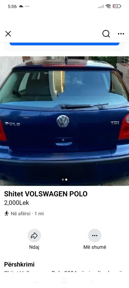 Tirane, shitet Volkswagen polo Nafte, blu e errët manuale Kondicioner 2.000 €