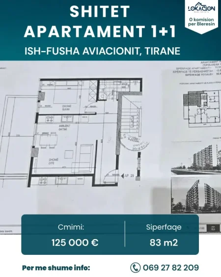 Tirane, shitet nga Pronari, pa-komision apartament 1+1+Ballkon Kati 7, 83 m² 125.000 € (fusha aviacionit)