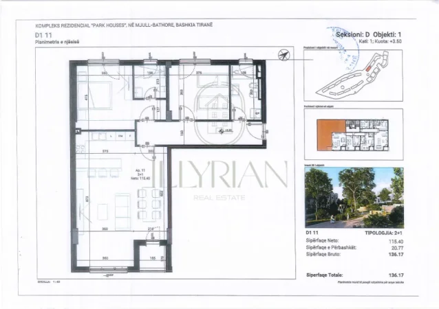 Apartament 2+1 për shitje te Park Houses, Mjull-Bathore – 136.17 m², kompleks rezidencial modern
