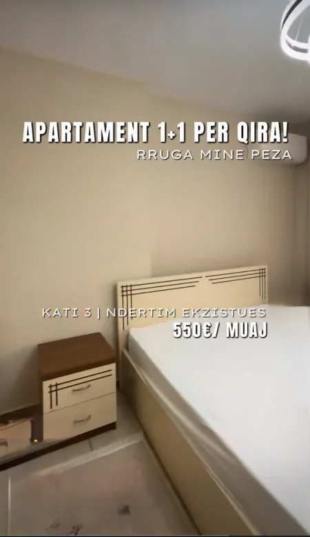 Tirane, jepet me qera apartament 1+1+Ballkon Kati 3, 60 m² 500 € (Rr. Mine Peza pas karburant Gazhelit)