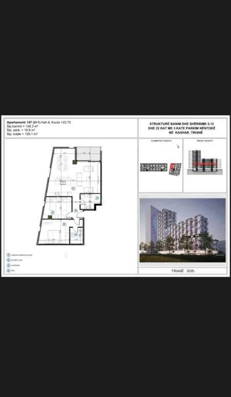 Tirane, shitet apartament 2+1 Kati 6, 125 m² 175.000 € (KOMPLEKSI MOA)