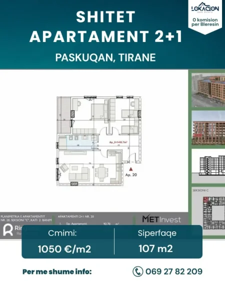 Tirane, shitet nga Pronari, pa-komision apartament 2+1+Ballkon Kati 2, 107 m² 112.000 € (paskuqan)