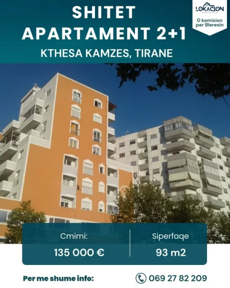 Tirane, shitet nga Pronari, pa-komision apartament 2+1+Aneks+Ballkon Kati 6, 92 m² 135.000 € (kthesa e kamzes)