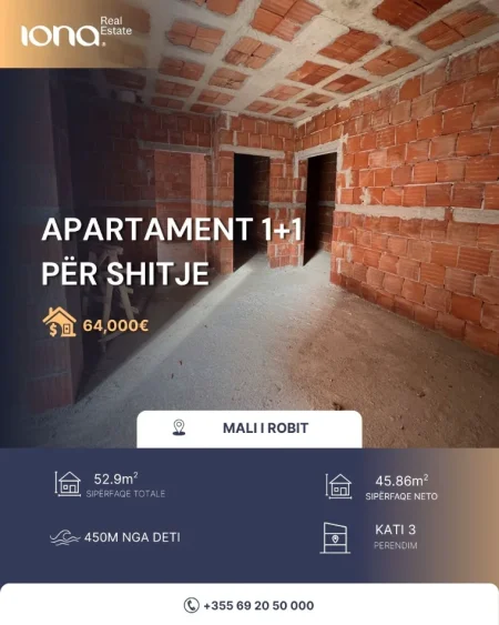 Mali Robit, shitet apartament 1+1 Kati 3, 53 m² 64.000 € 