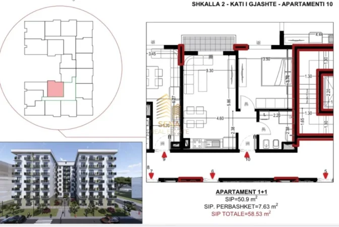 Durres, shitet apartament 1+1+Ballkon Kati 6, 58 m² 70.300 € (Golem)