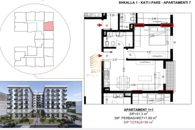 Shqiperi, shitet apartament 1+1+Ballkon Kati 1, 59 m² 70.800 € (Golem)