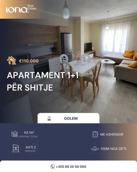Golem, shitet apartament 1+1 Kati 2, 63 m² 110.000 € (150 m larg detit)