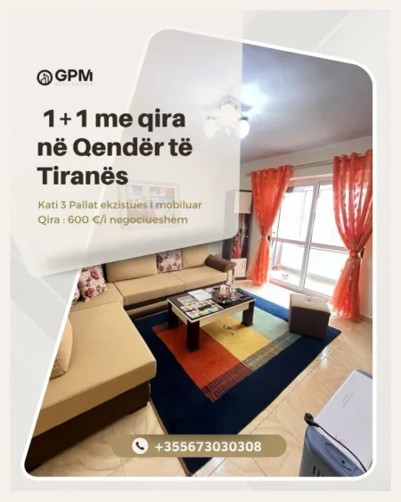 Tirane, jepet me qera apartament 1+1 Kati 3, 600 € 