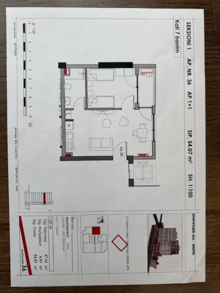 Tirane, shitet apartament 1+1+Ballkon Kati 7, 54 m² 125.000 € (FABRIKA E MIELLIT)