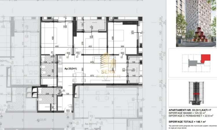 Tirane, shitet apartament 3+1+Ballkon Kati 7, 148 m² 340.600 € (Xhamllik, Filigree Tower)