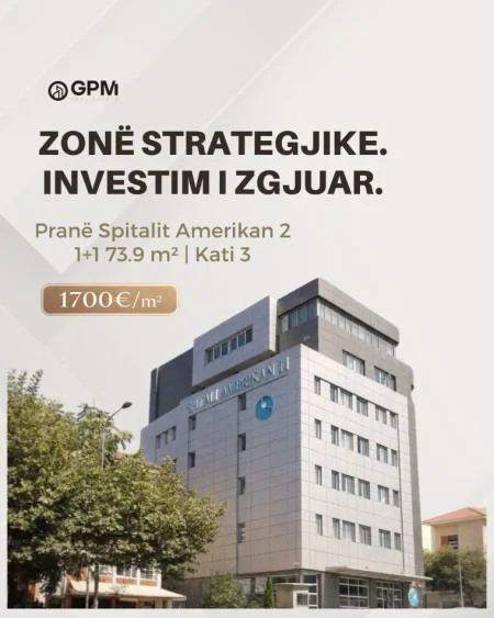Spitalit Amerikan 2, ofrohet për shitje apartament 1+1 me sipërfaqe 73.9 m², në katin e 3, në një ndërtim të ri në fazë përfundimi.