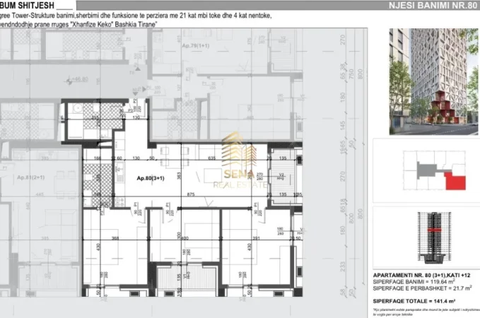 Tirane, shitet apartament 3+1+Ballkon Kati 12, 141 m² 325.220 € (Xhamllik, Filigree Tower)