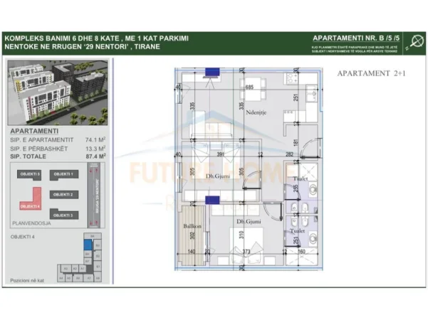 Tirane, shitet apartament 2+1+2, Kati 5, 87 m² 126.700 € (Tirana Entry 2)