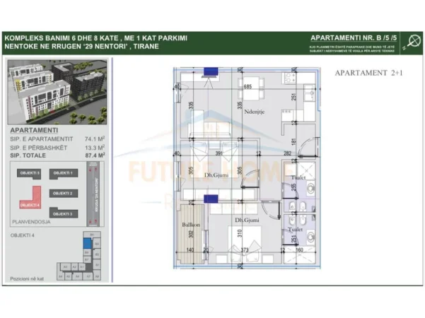 shitet apartament 2+1+Ballkon Kati 5, 87 m² 126.700 € (CASA ITALIA)
