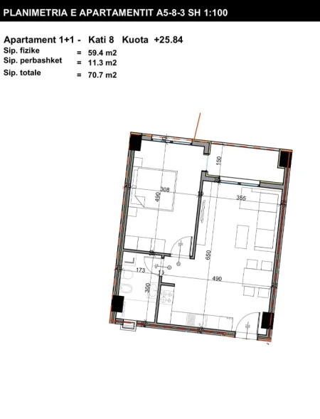 Tirane, shes apartament 1+1+Ballkon Kati 8, 