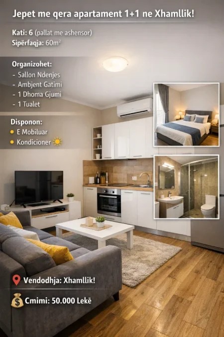 Tirane, jepet me qera apartament 1+1 Kati 6, 60 m² 500 € (Xhamllik)