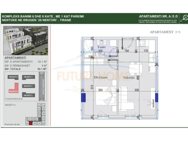 Tirane, shitet apartament 1+1 Kati 5, 59 m² 85.690 € (Tirana Entry 2, Tiranë)