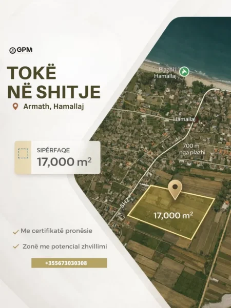 Në Armath, Hamallaj ofrojmë në shitje tokë me sipërfaqe 17,000 m², me dokumentacion të rregullt dhe pozicion strategjik.