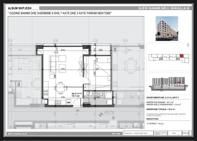 Tirane, shitet apartament 1+1 Kati 3, 76 m² 168.000 € (SHESHI KATARIT)