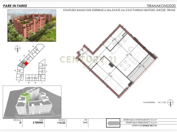 Tirane, shes apartament 1+1 Kati 3, 84 m² 100.000 € 
