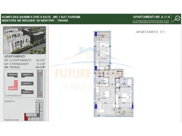 Tirane, shitet apartament 2+1 Kati 1, 101 m² 145.000 € (Kompleksi Tirana Entry II, Casa Italia)