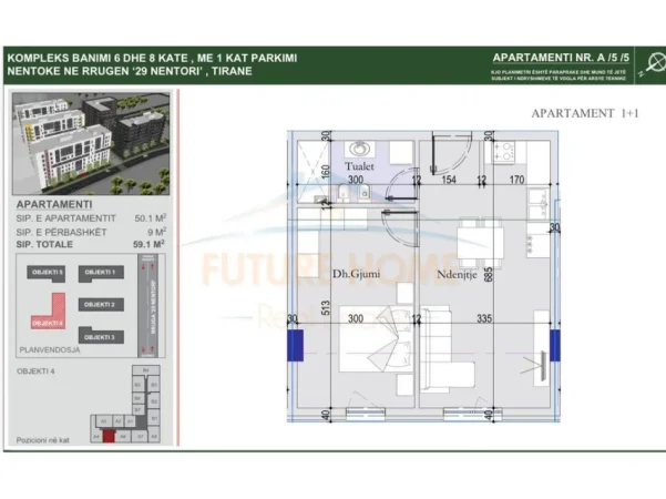 Tirane, shitet apartament 1+1 Kati 5, 59 m² 85.690 € (Kompleksi Tirana Entry II, Casa Italia)