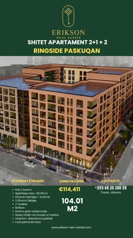 Tirane, shitet 2+1+Ballkon Kati 2, 105 m² 114.411 € (Rruga Lidhja e Prizrenit Paskuqan)