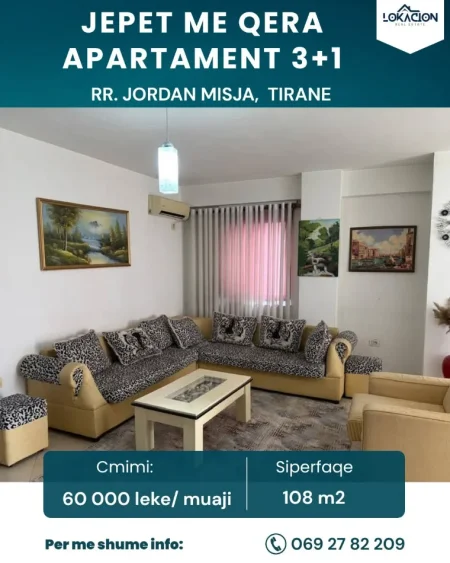Tirane, jepet me qera apartament 3+1+Ballkon Kati 3, 107 m² 620 € (jordan misja)