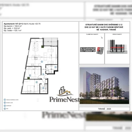 Tirane, shitet apartament 2+1 Kati 6, 125 m² (Unaza e Re)