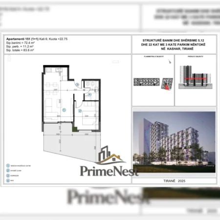 Tirane, shitet apartament 1+1 Kati 6, 83 m² (Moa Residence Unaze e Re)