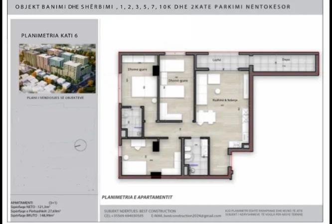 Tirane, shitet apartament 3+1 Kati 6, 149 m² 223.500 € 