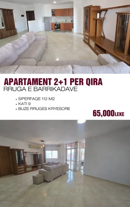 Tirane, jepet me qera apartament 2+1+Aneks+Ballkon Kati 9, 112 m² 650 € (rruga e barrikadave)