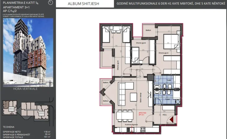Tirane, shitet apartament 3+1+Aneks+Ballkon Kati 14, 151 m² 377.500 € (Rruga Muhamet Gjollesha)