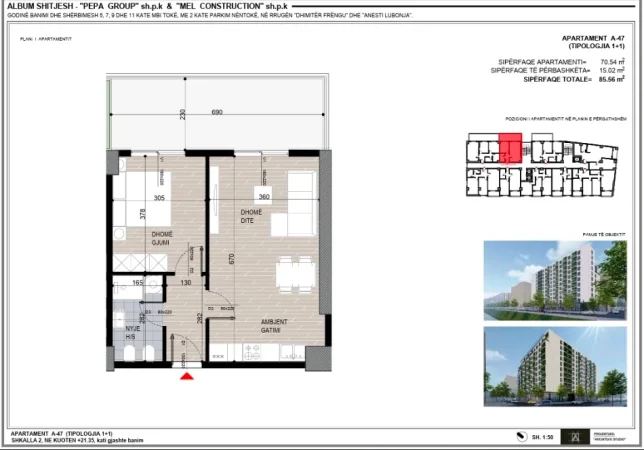 Tirane, shitet apartament 1+1 , 85 m² 