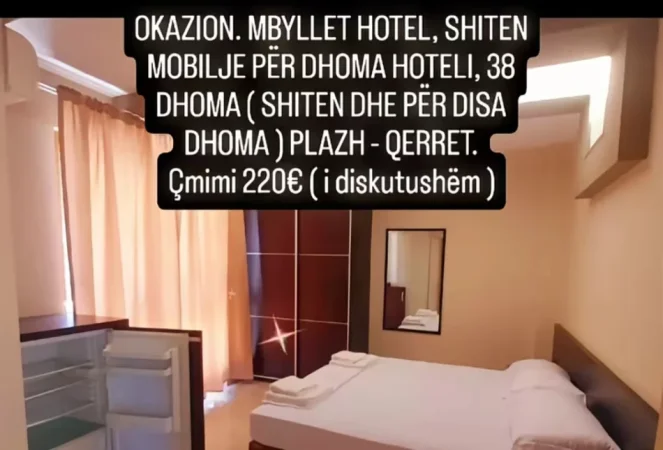 Durres, shes OKAZION. MBYLLET HOTEL, SHITEN MOBILJE PËR DHOMA HOTELI, 38 DHOMA ( SHITEN DHE PËR DISA DHOMA ) PLAZH - QERRET. 220 €