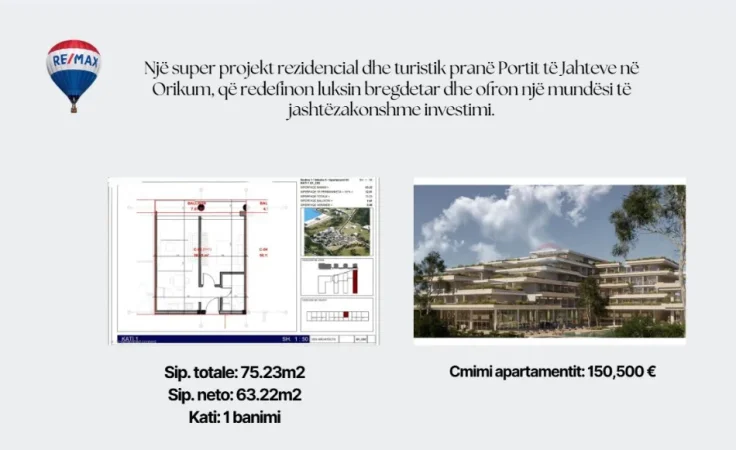 Radhime - Orikum, shitet apartament 1+1+Ballkon Kati 1, 75 m² 150.500 € (Orikum, Vlore)