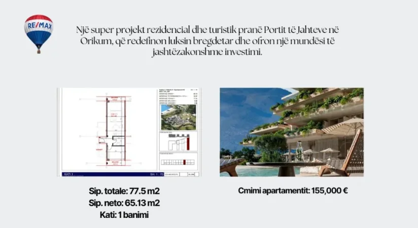Radhime - Orikum, shitet apartament 1+1+Ballkon Kati 1, 77 m² 155.000 € (Orikum, Vlore)