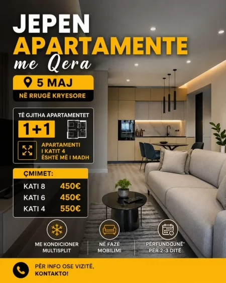 🏢 JEPEN  3 APARTAMENTE ME QERA SUPER MOBILIM FRINGO I RI  – 5 MAJI, pallat i ri me ashensor