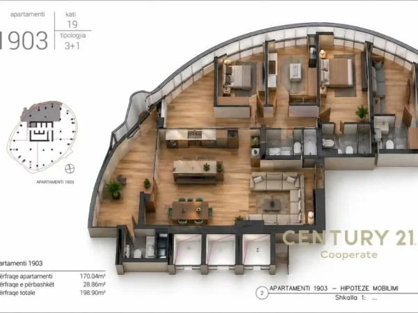 Tirane, shes apartament 3+1+Aneks+Ballkon Kati 19, 199 m² (TIRANA ROCK)
