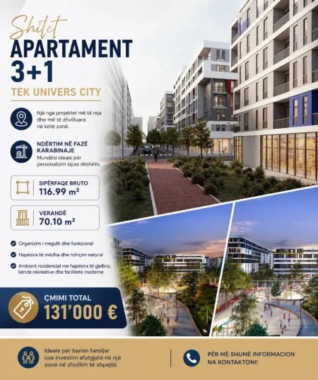 Tirane, shitet apartament 3+1+Ballkon Kati 0, 117 m² 131.000 € (Univers city)