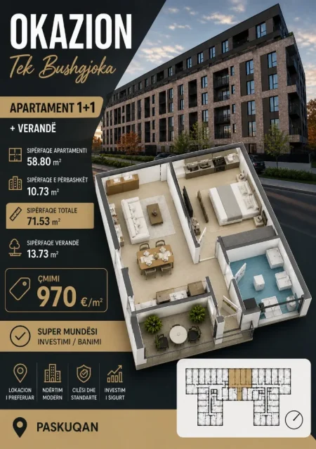 Tirane, shitet apartament 1+1+Ballkon Kati 1, 91 m² 81.775 € (Paskuqan)